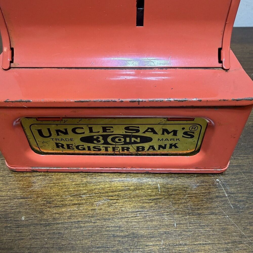 Vintage Uncle Sam’s 3 Coin Red Orange Metal Counting Register Bank - Works ! - Picture 3 of 11